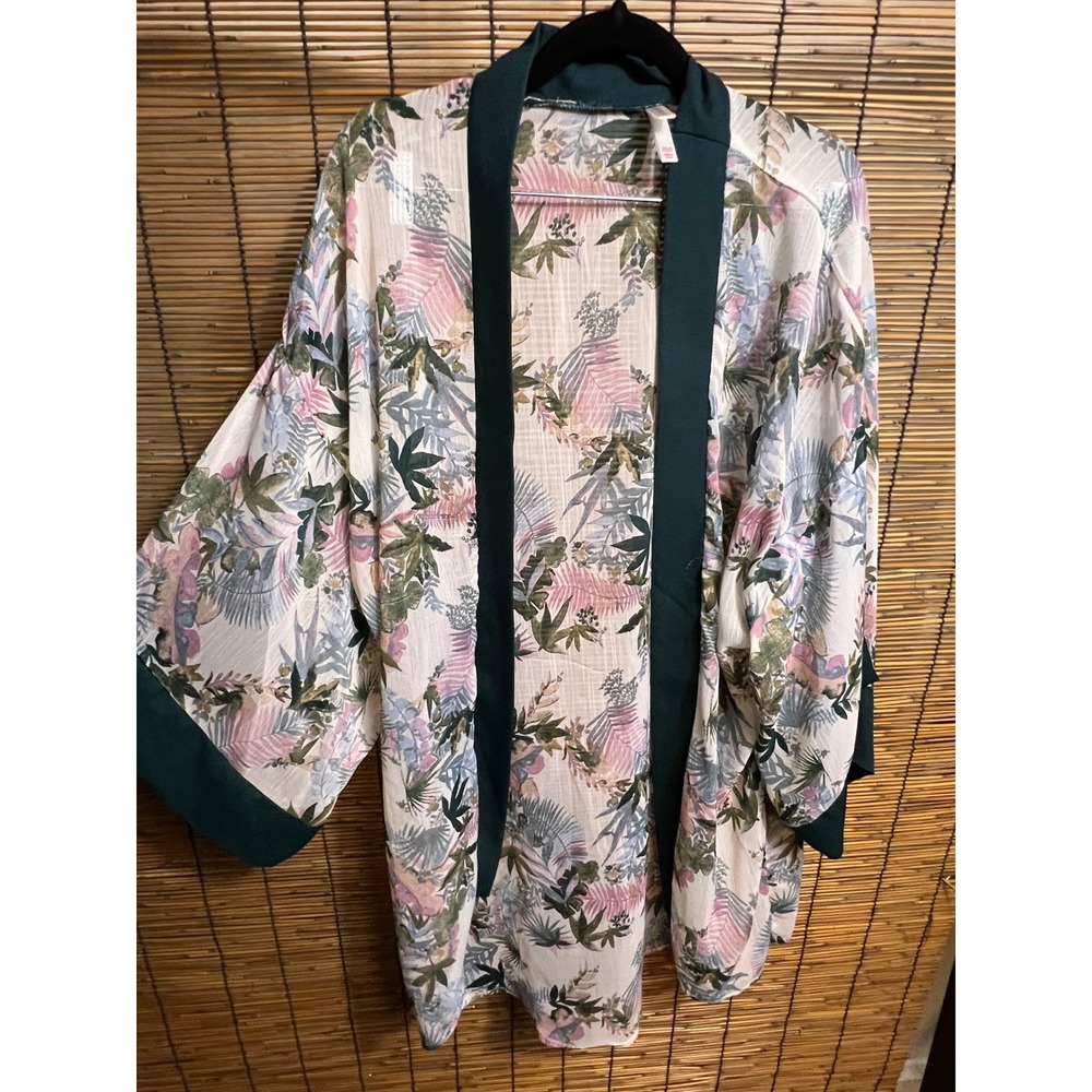 Xhilaration Tropical Floral Kimono Open Front Wrap Green Pink XS/S